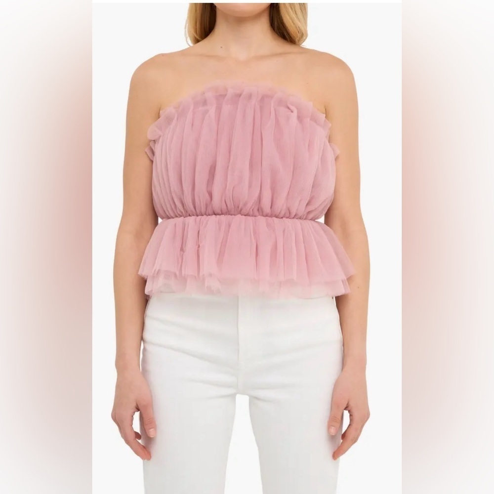 Endless Rose Strapless Tulle Peplum Top Lilac Pink Rose Size Medium Pre owned